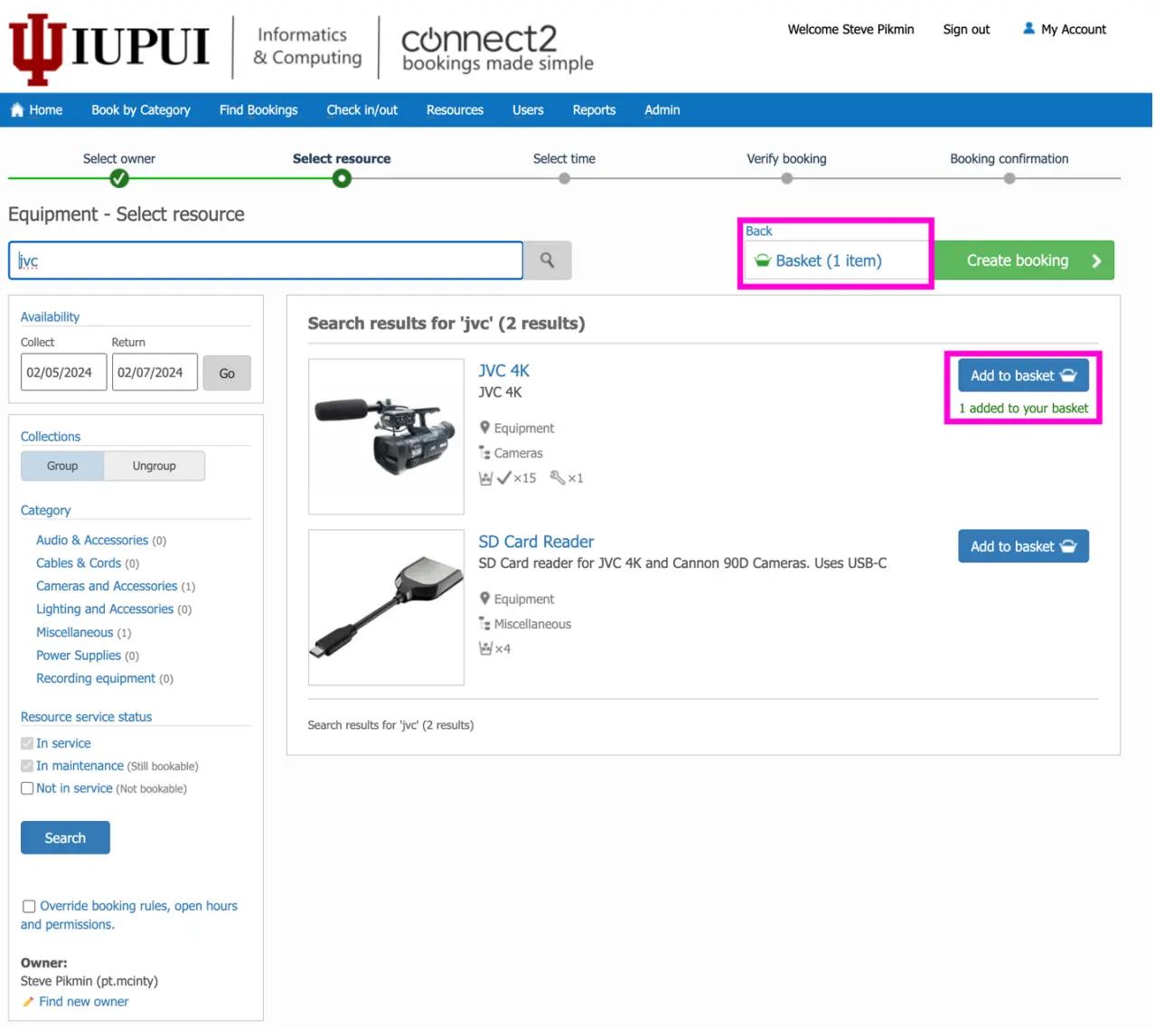 image of connect2 booking system booking page highlighting the add to basket button