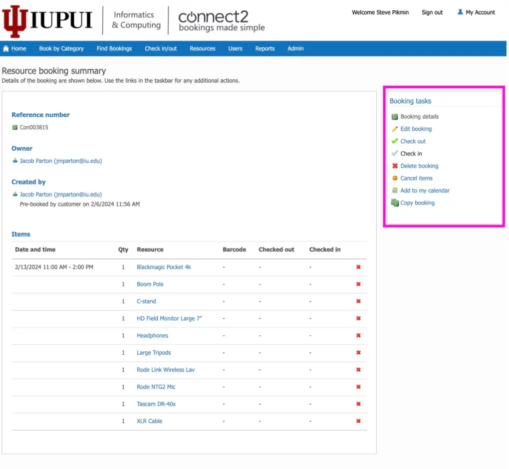 image of connect2 booking system resource booking summary page