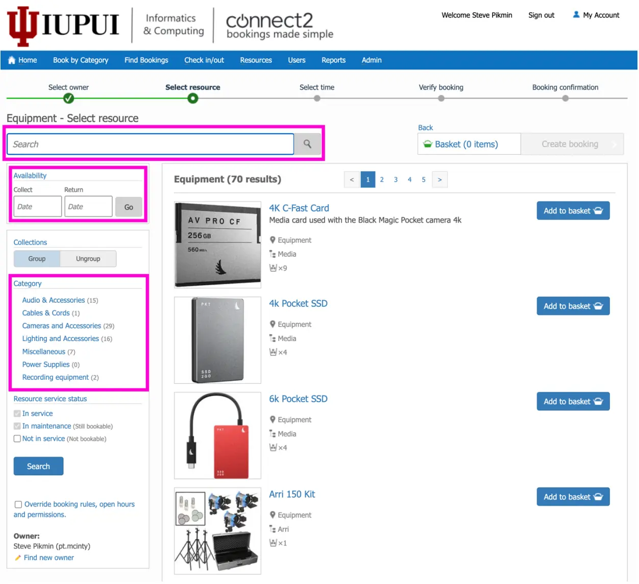 image of connect2 booking system equipment page highlighting the search function