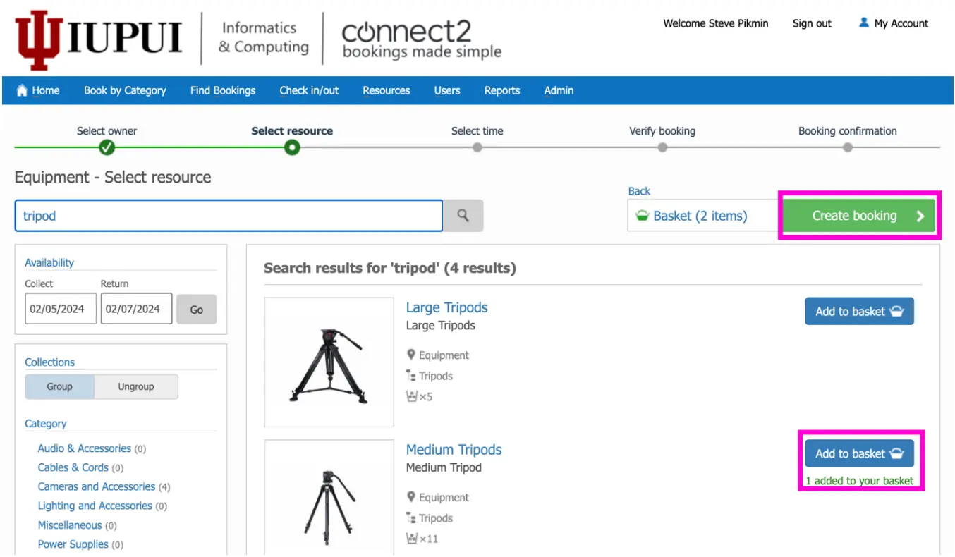 image of connect2 booking system sign in page highlighting how to finish booking your equipment