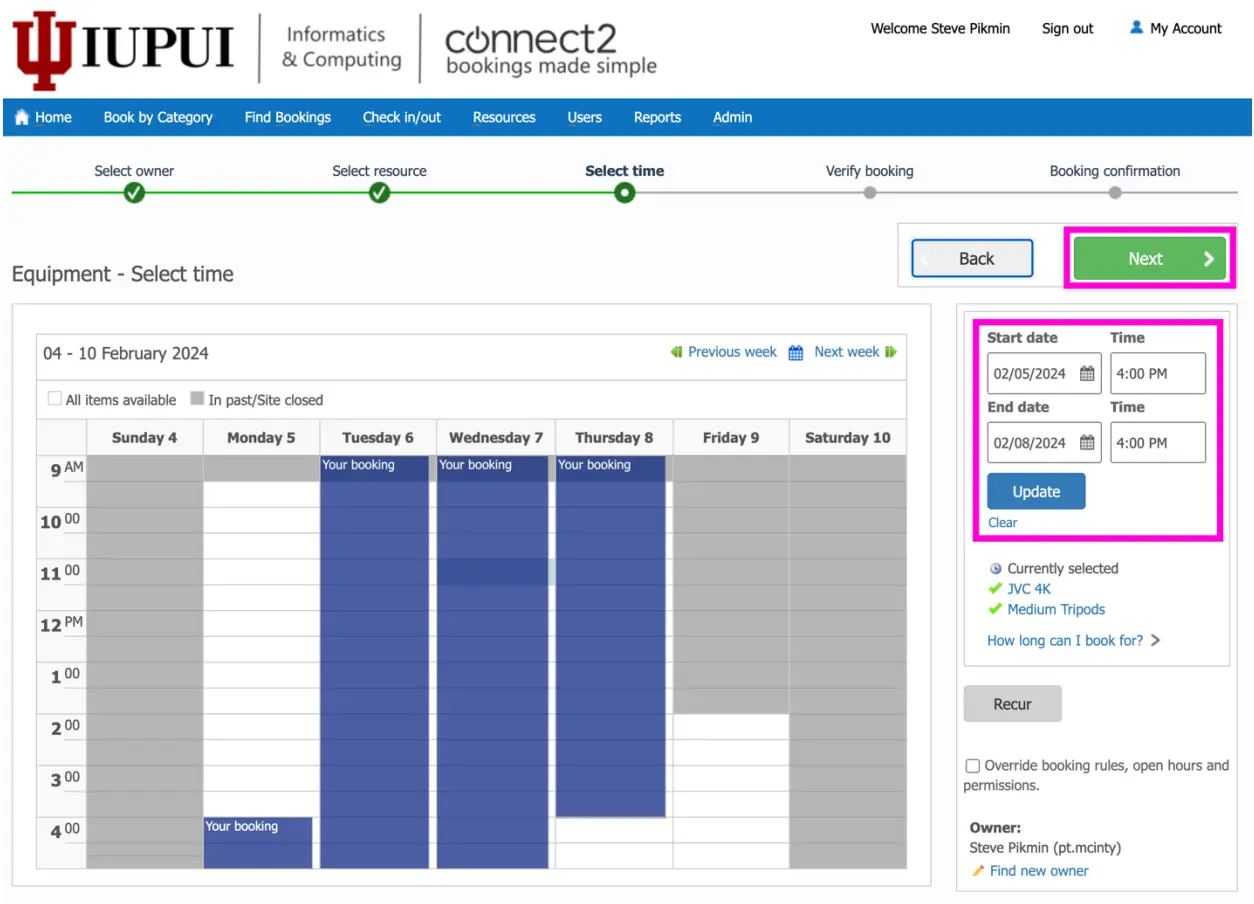 image of connect2 booking system equipment page highlighting your verified bookings