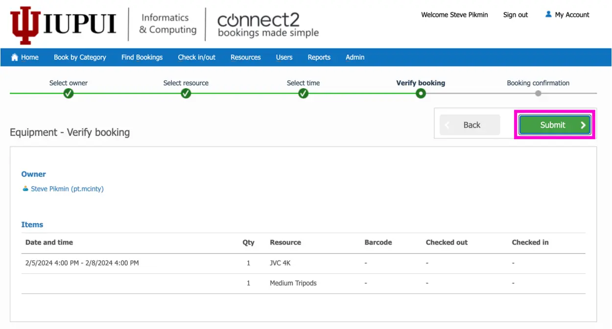 image of connect2 booking system equipment page highlighting the submit button