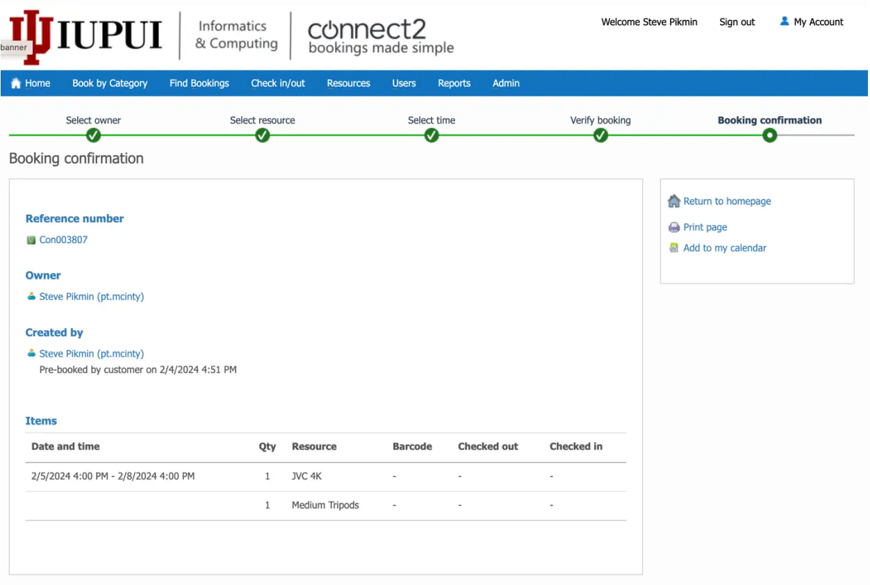 image of connect2 booking system confirmation page