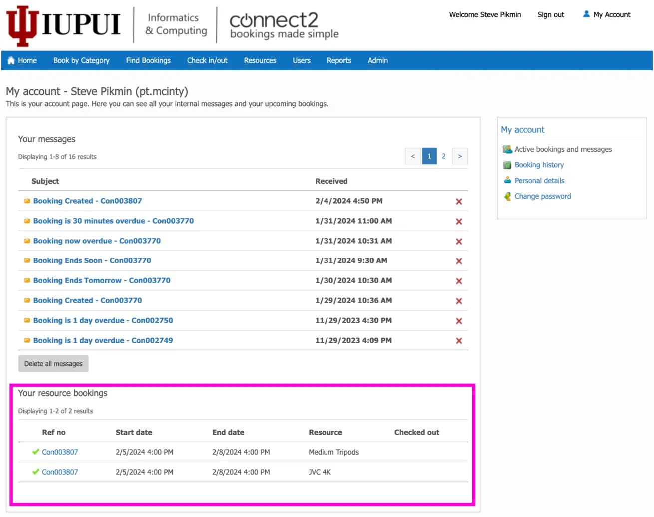 image of connect2 booking system general account page highlighting the resource bookings section