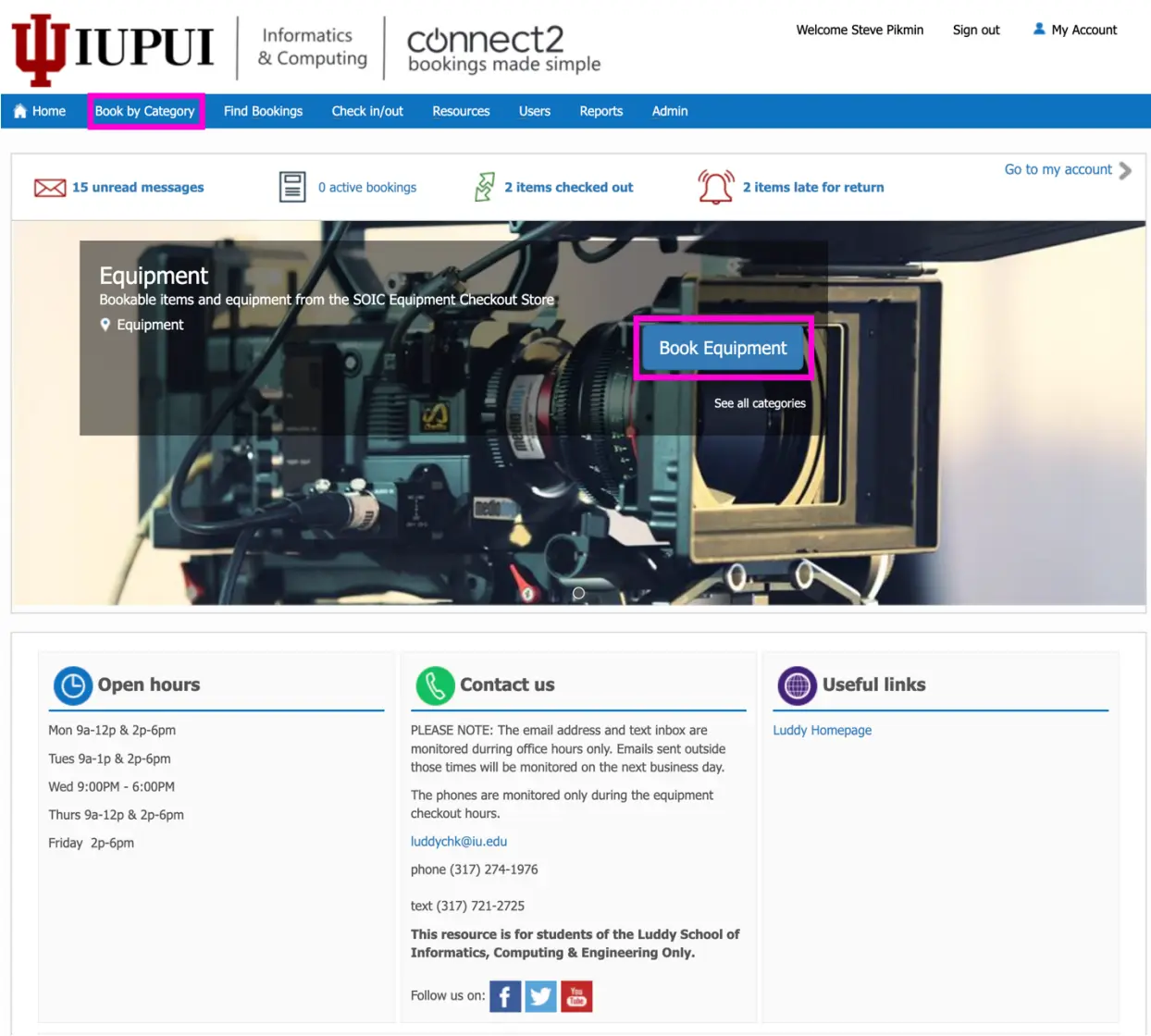 image of connect2 booking system account page highlighting the book equipment button