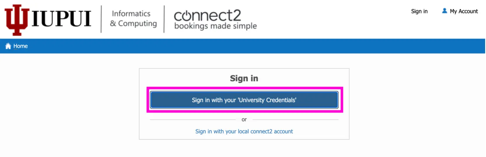 image of connect2 booking system sign in page highlighting the CAS log in button