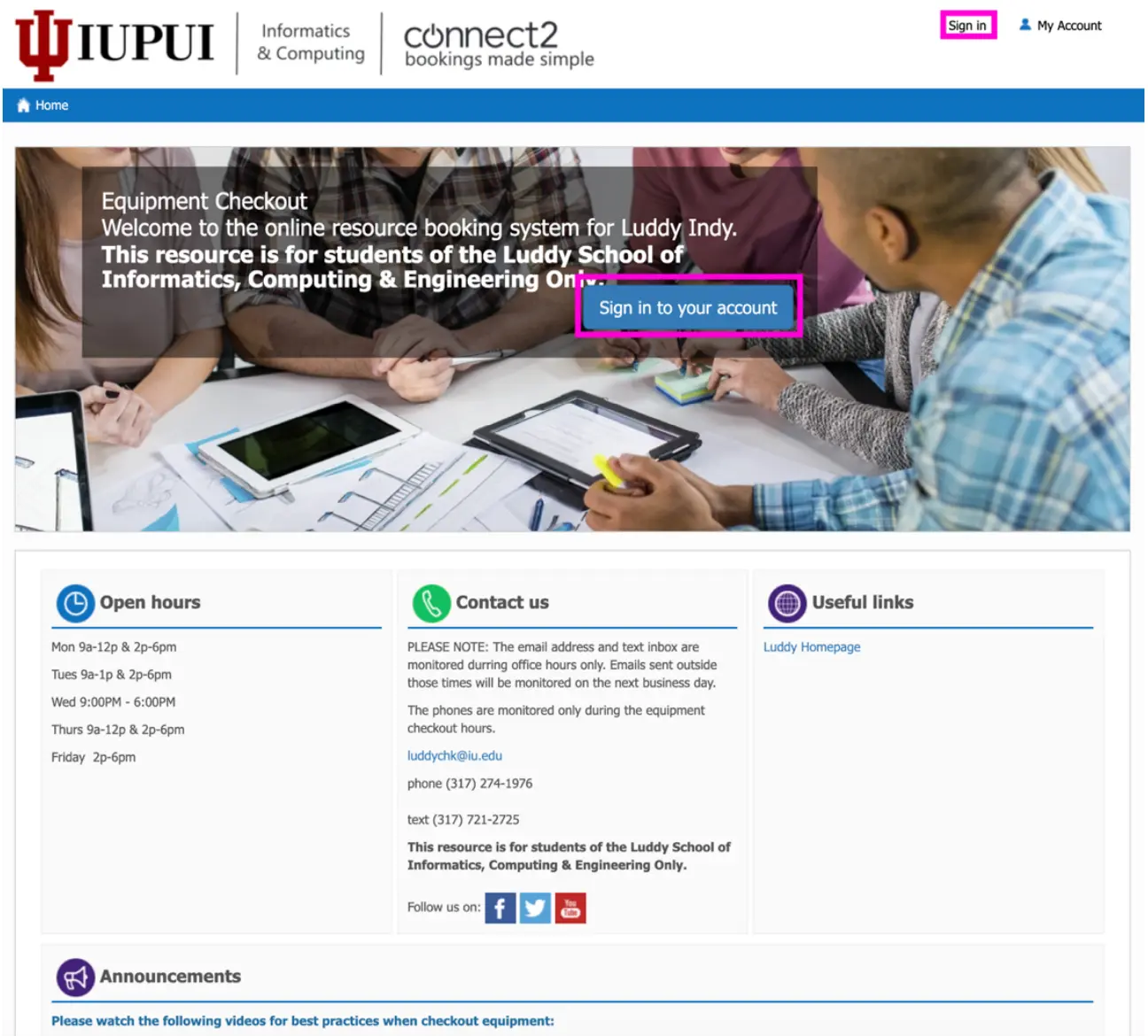 image of connect2 booking system landing page highlighting the sign in button